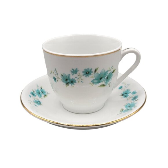 Tea Cup and Saucer Set Porcelain Turquoise Floral Pattern Flowers Gold Trim - Picture 1 of 11